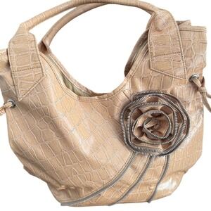 Chateau Y2K Faux Leather Rose Embellished Beige Croc-Embossed Shoulder Bag